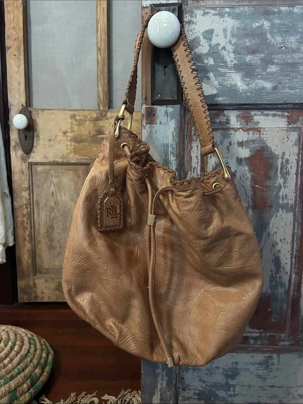 Ralph Lauren Tan Embossed Leather Drawstring Hobo